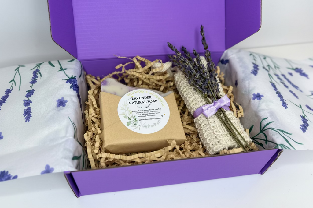 Lavender-themed gift set with soap and bundle in a purple box